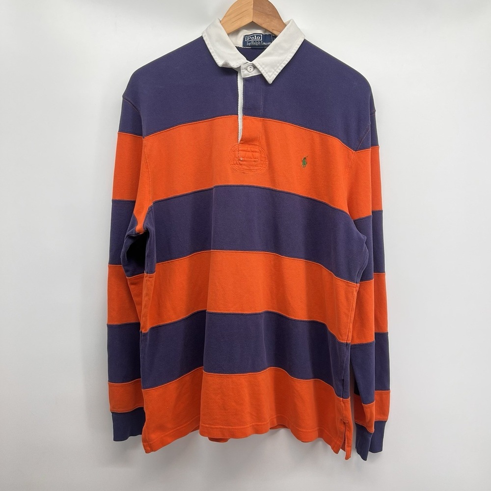 Vintage Polo Ralph Lauren Kanye Striped Rugby Shirt Size Large Blue Orange Faded